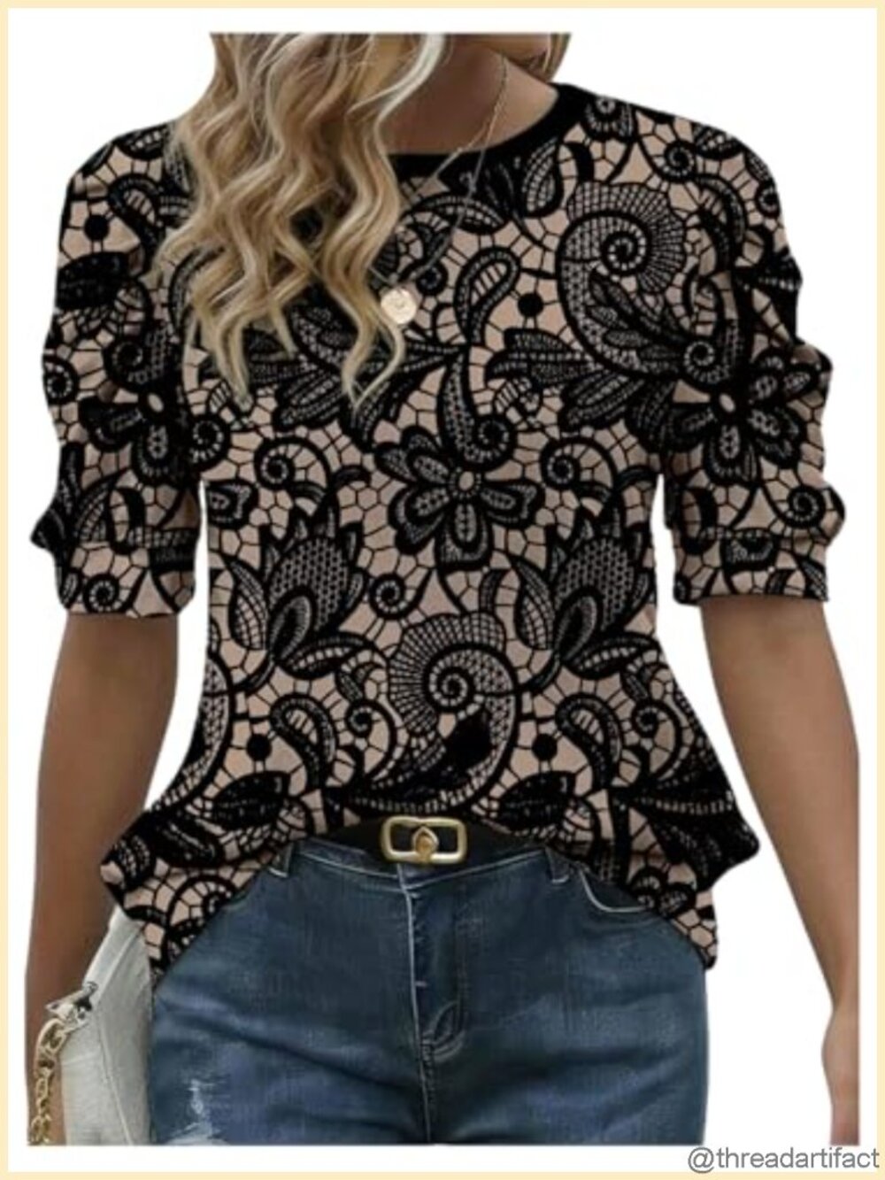 Women's Lace Floral Print 3/4 Sleeve Tee Round Neck Blouse